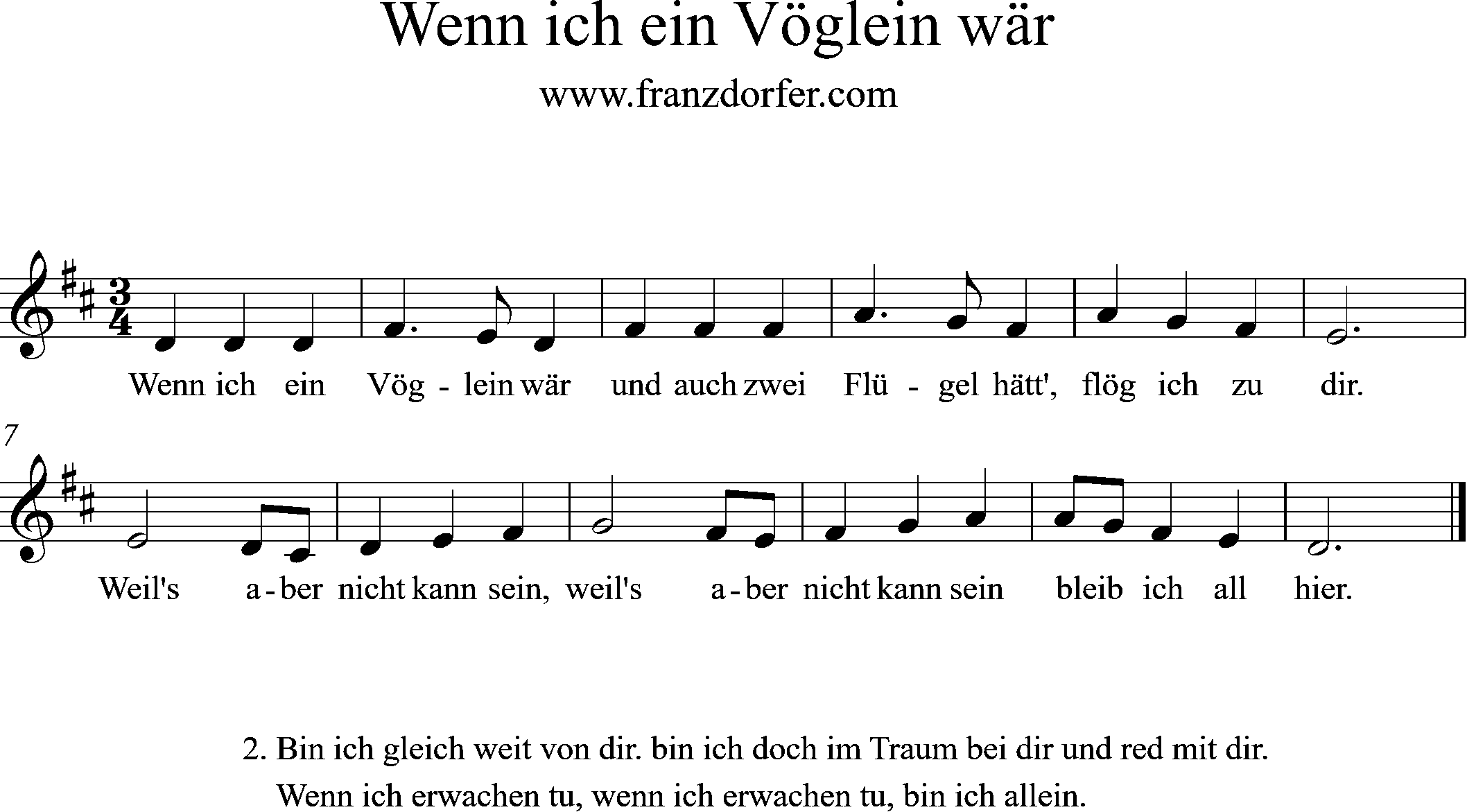 Noten für Trompete, D-Dur, Wenn ich ein Vöglein wär